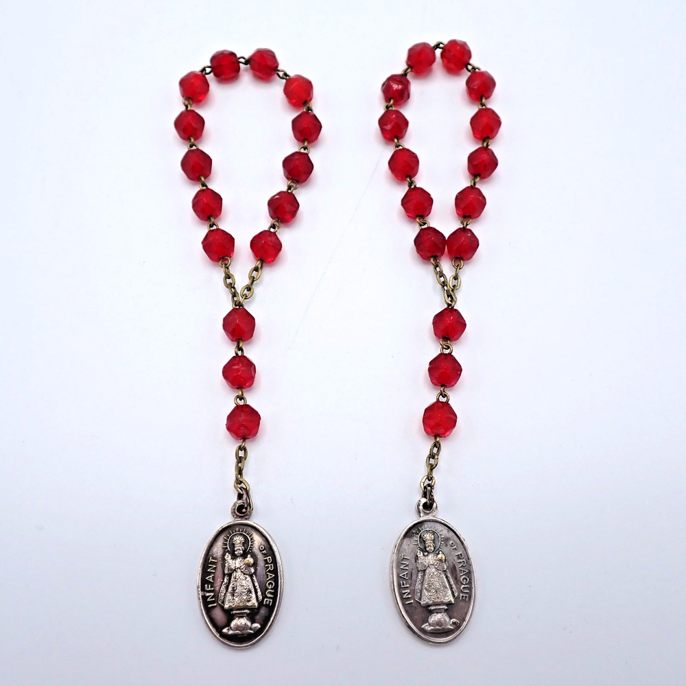 Vintage Infant of Prague Chaplets Pair Red Beads Catholic Medals w/Sacred Heart